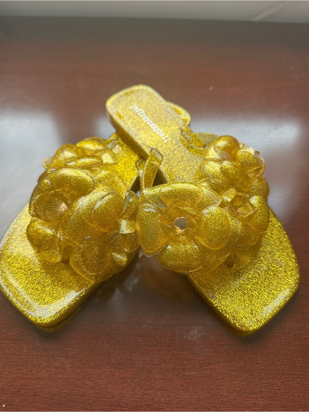 Jeffrey Campbell Women Shoes Yellow 7 Gold Glitter Floral Slide Sandals Petal